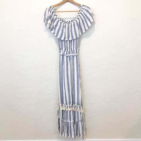 Altar'd State Off Shoulder Maxi Dress Blue White Stripe Fringe Tassel Large - Picture 7 of 9